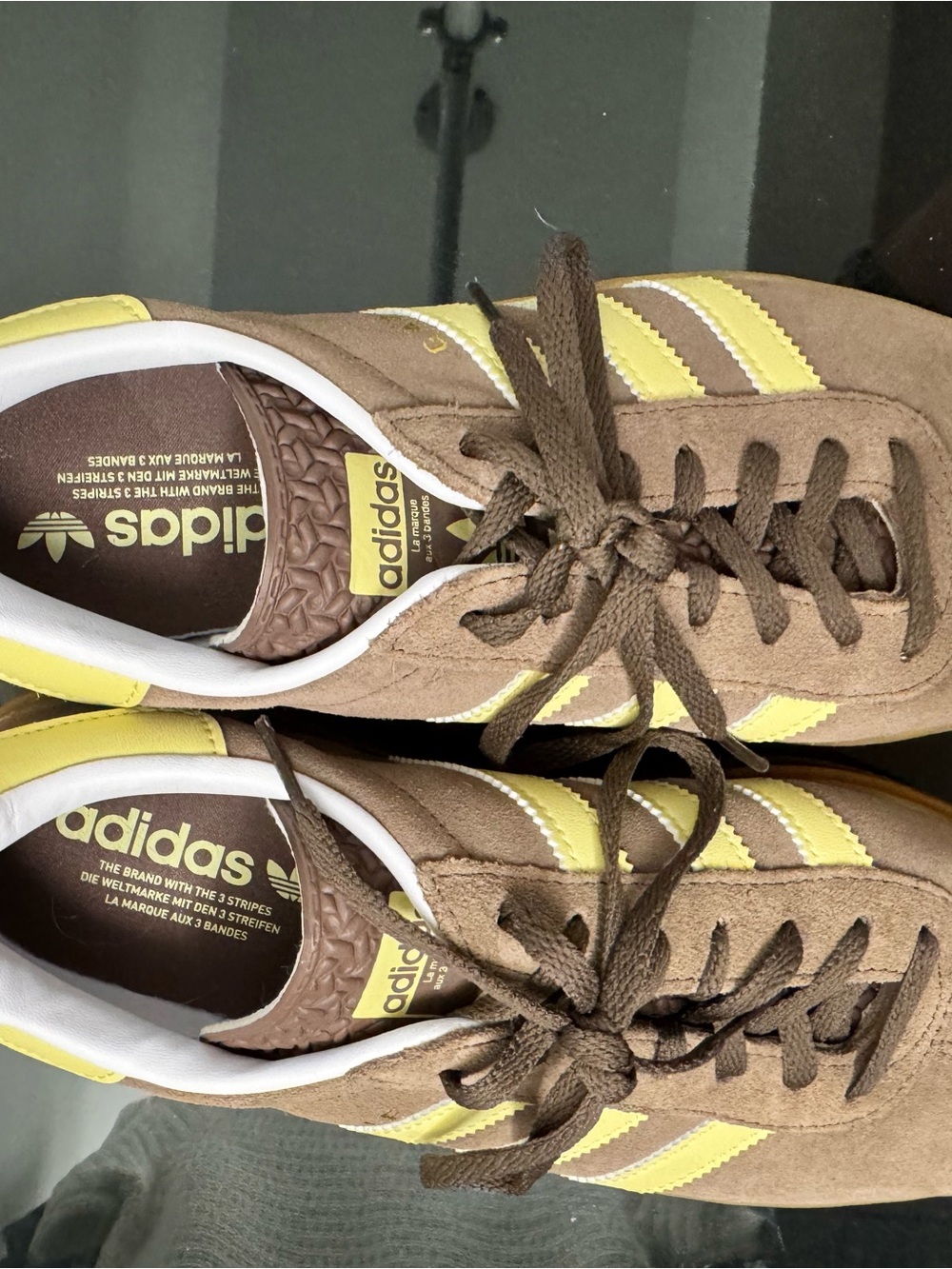 adidas Brown Suede Sneakers with Yellow Stripes